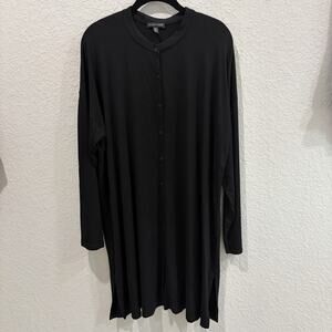 Eileen Fisher Black Viscose Jersey Button Front Shirt Dress Tunic L Large